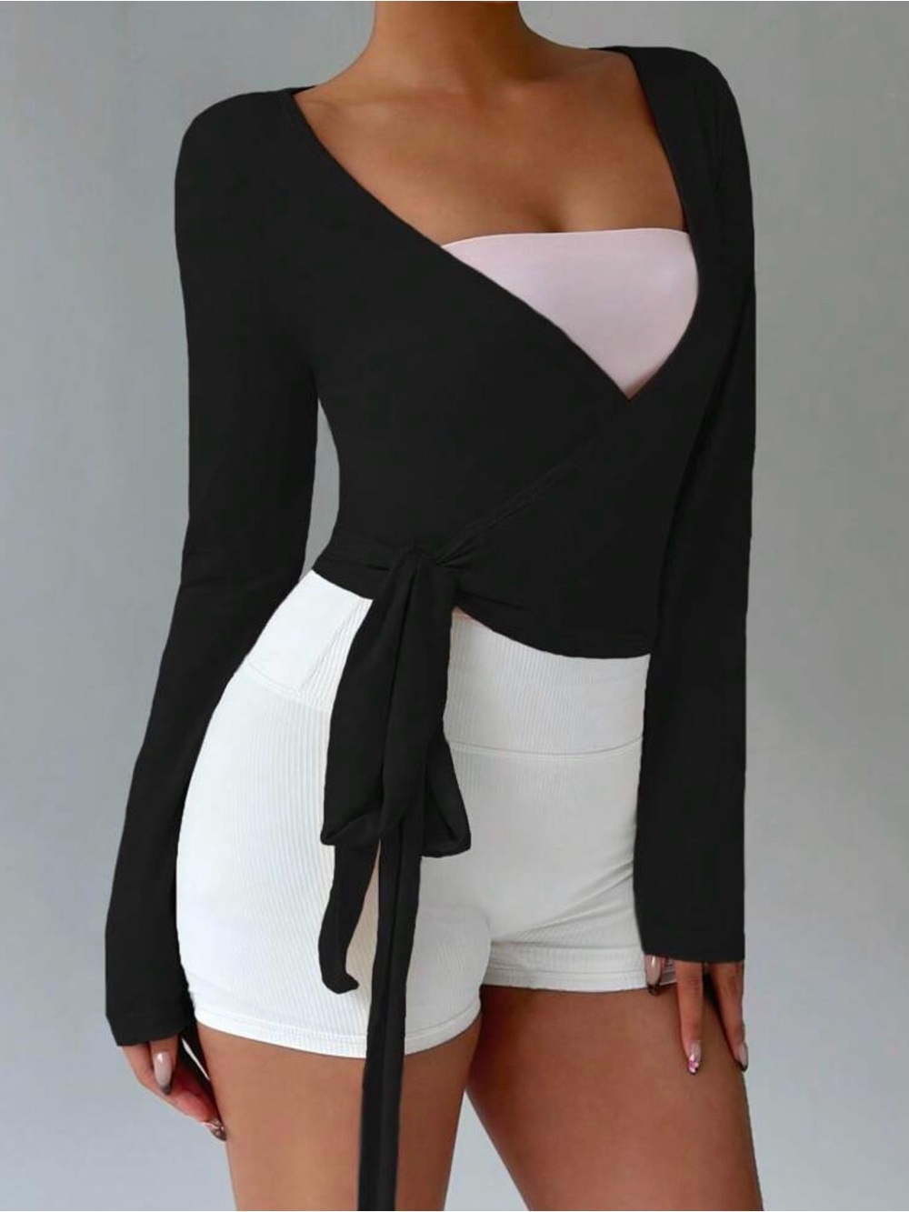Women’s Black Wrap Tie Long-Sleeve Top